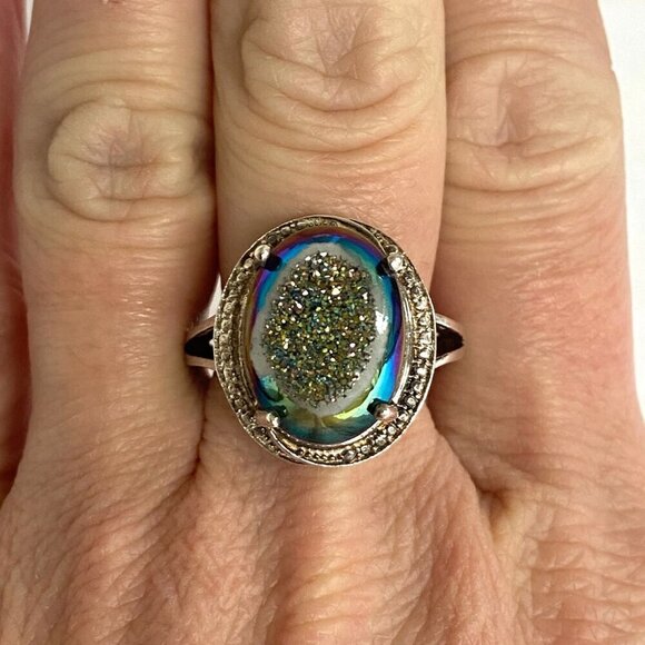 Sterling Silver 925 STS Oval Titanium Aura Quartz Druzy Ring Sz 8.5 - Picture 11 of 16